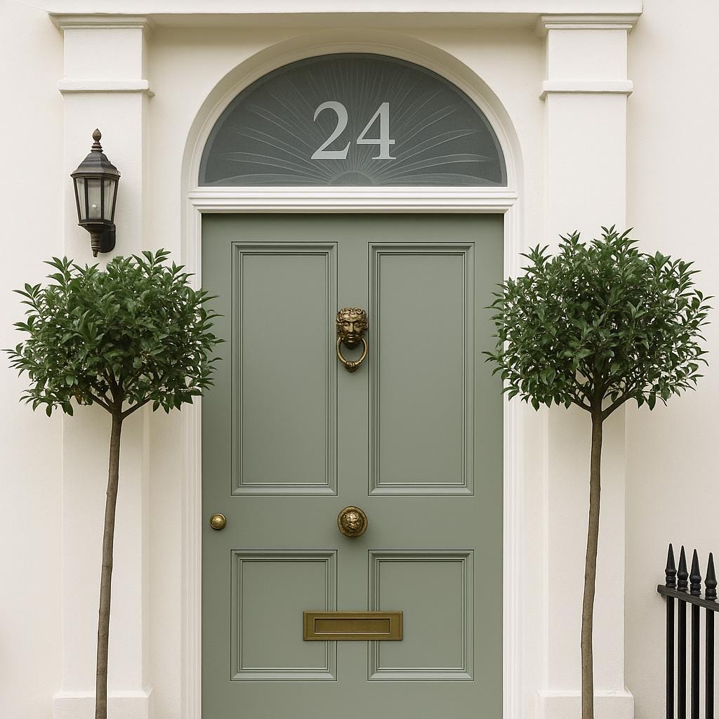 Elegant front door with the number 24, flanked by two topiary trees and lit by a vintage lantern.