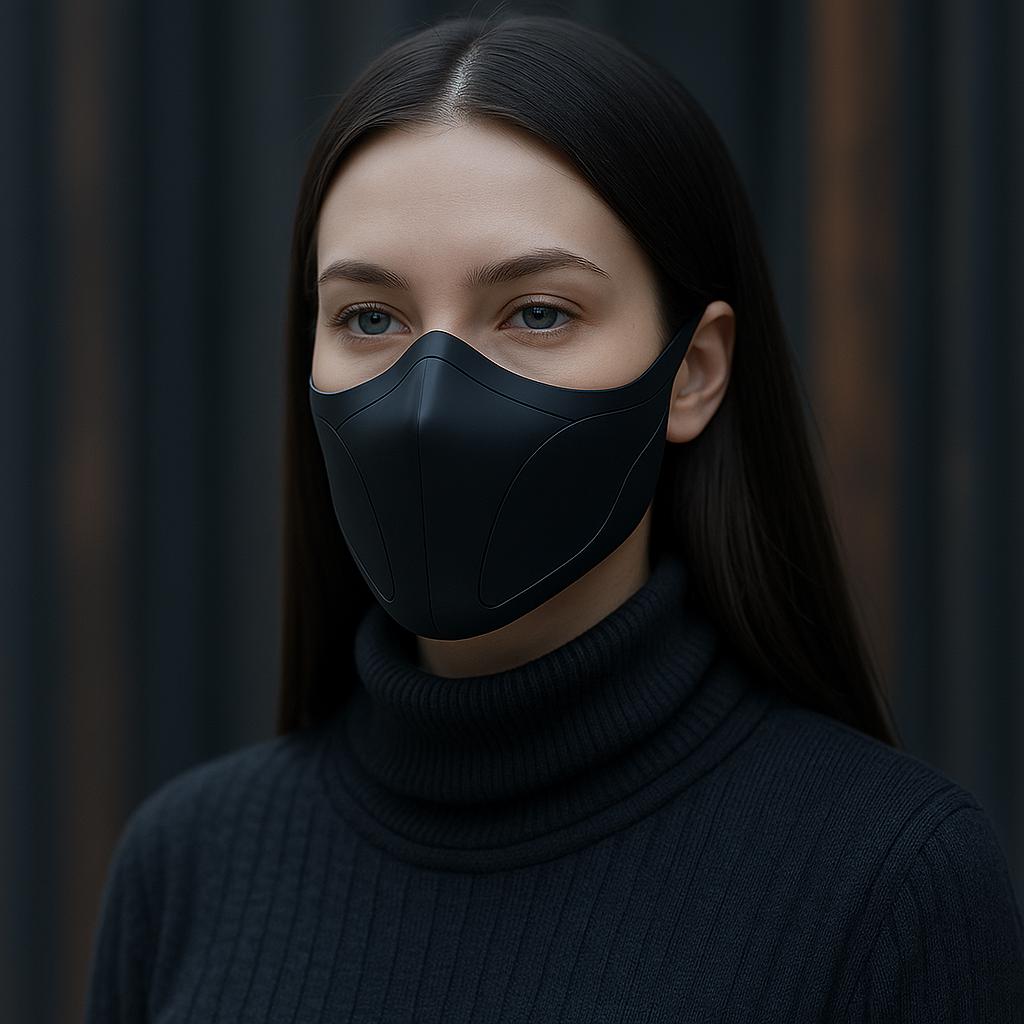 Matte black half-face mask worn by a model with straight hair, showcasing a sleek, futuristic design and comfortable fit.
