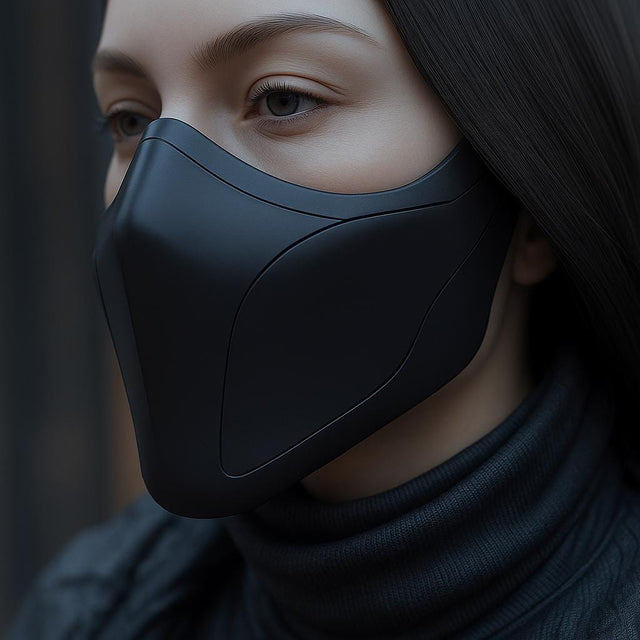 Close-up of a person wearing a matte black futuristic half face mask, highlighting its sleek design and sculpted features.
