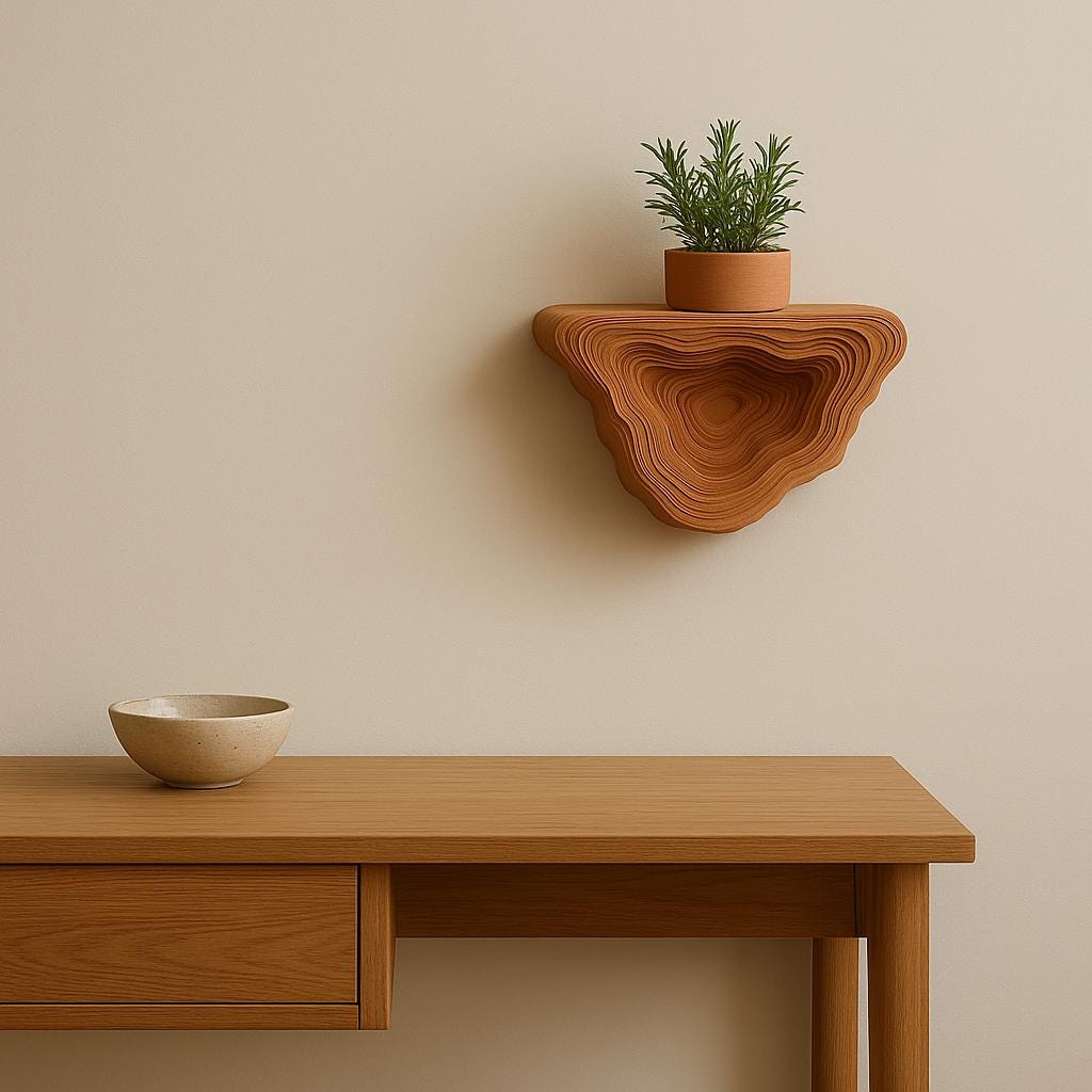 3D printed geometric floating shelf with plant, minimalist home decor on wooden table against beige wall.