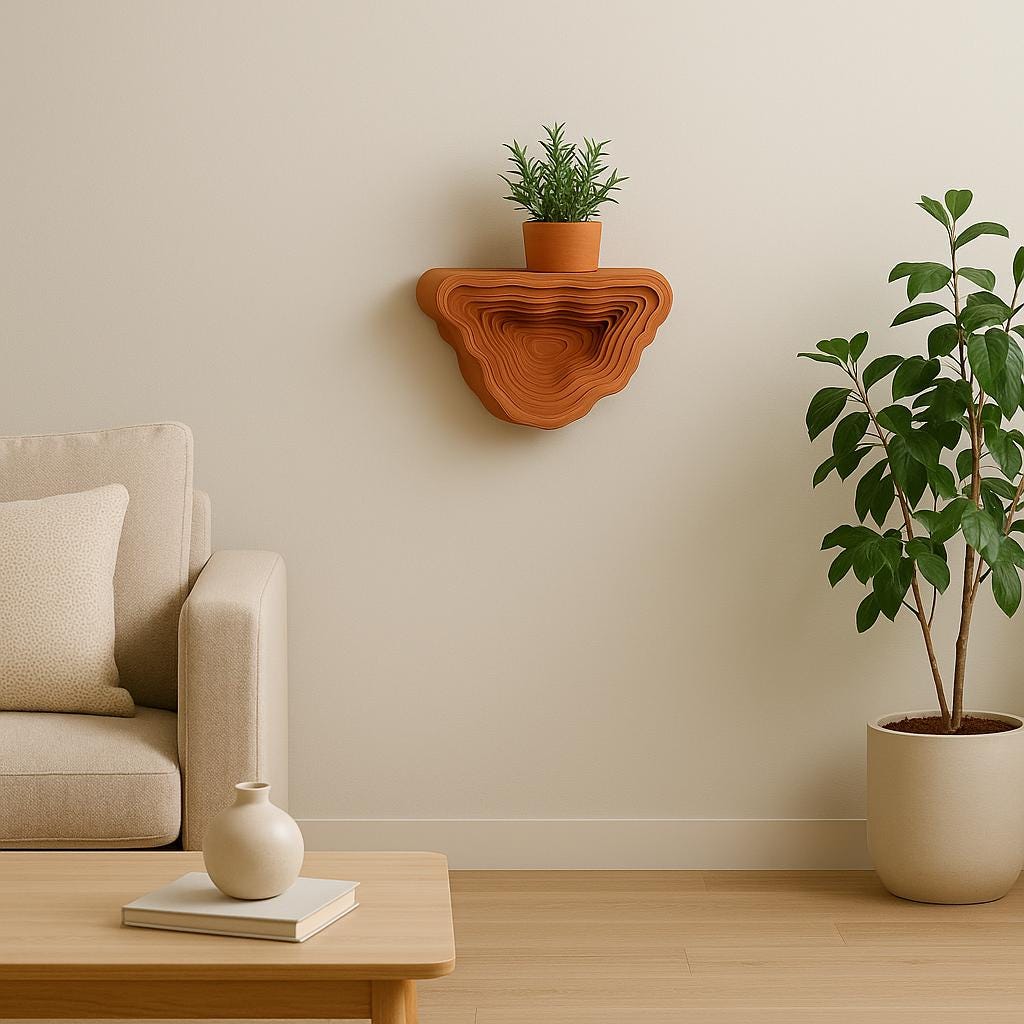Geometric 3D printed floating shelf with a plant, adding modern minimalist decor to a cozy living space.