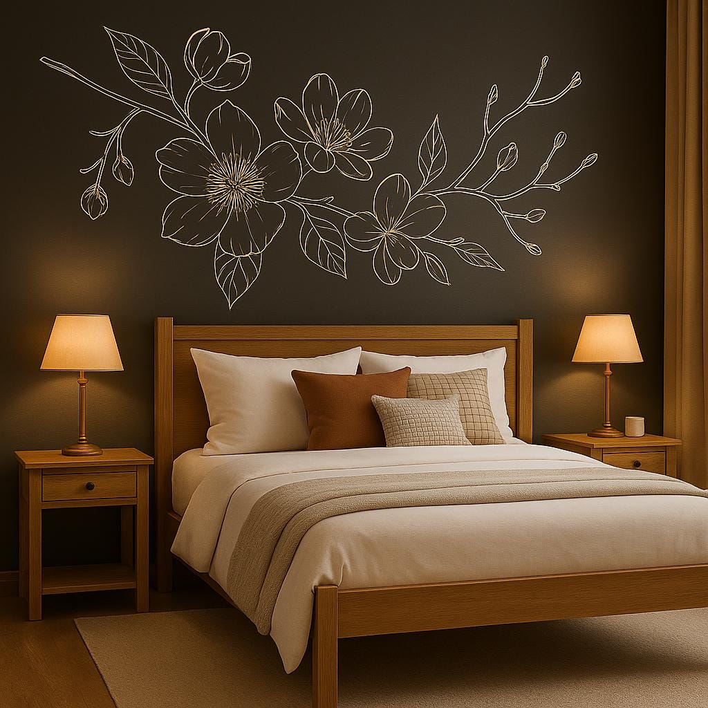 Elegant magnolia wall decal in a cozy bedroom, enhancing decor with botanical charm and minimalist design.