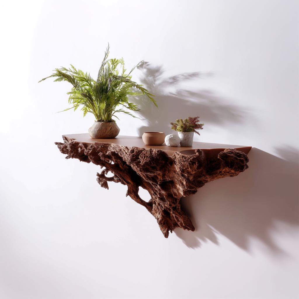 Tree root wall shelf with plants and decorative items, showcasing a rustic, nature-inspired home accent.