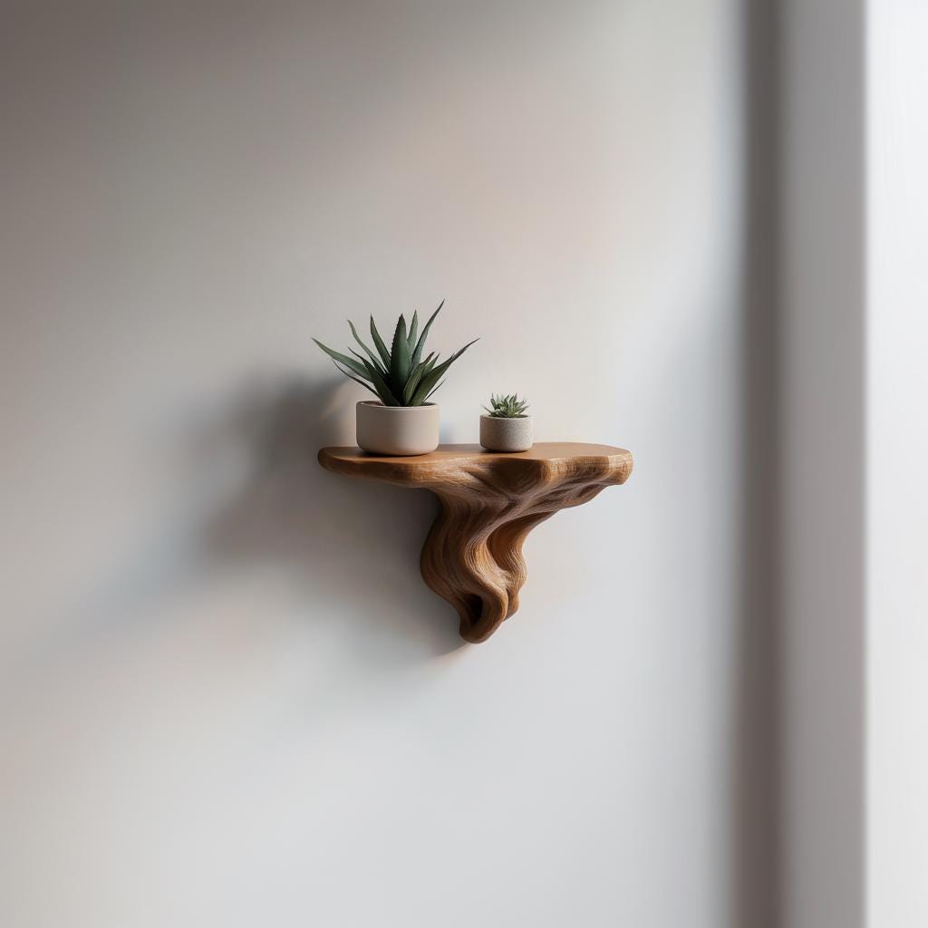 Tree root wall shelf with two potted succulents, adding a modern organic touch to home decor.