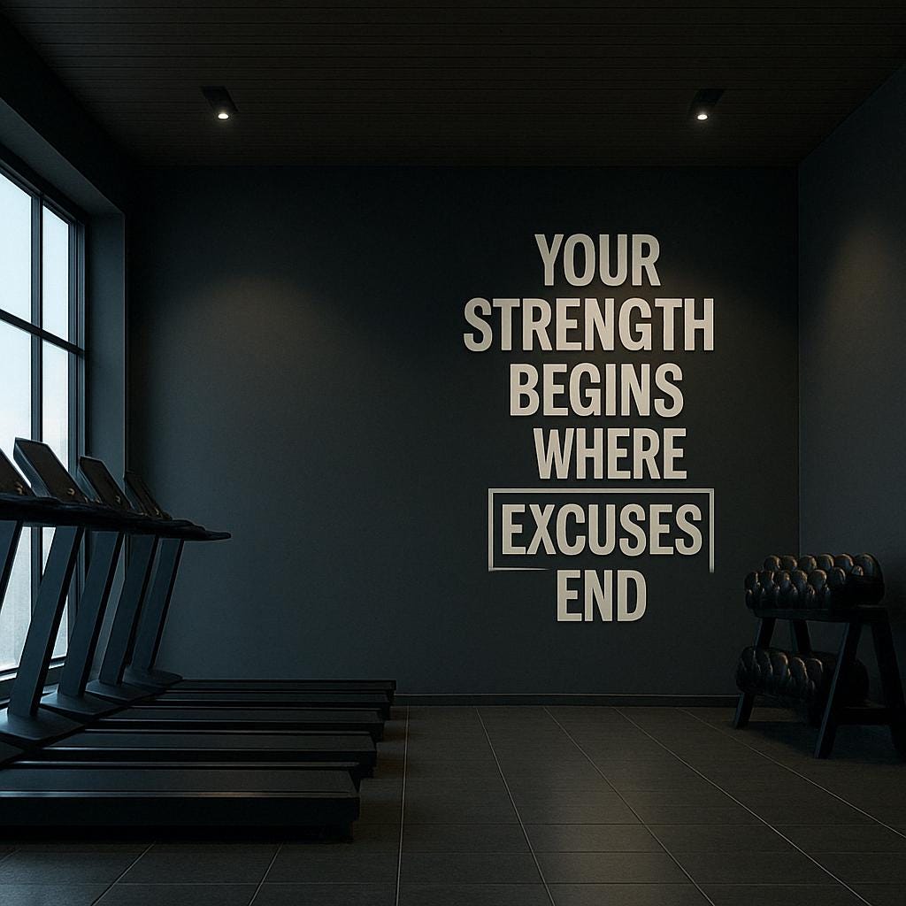 Motivational gym wall decal with inspiring quote "Your strength begins where excuses end" in a modern workout room.