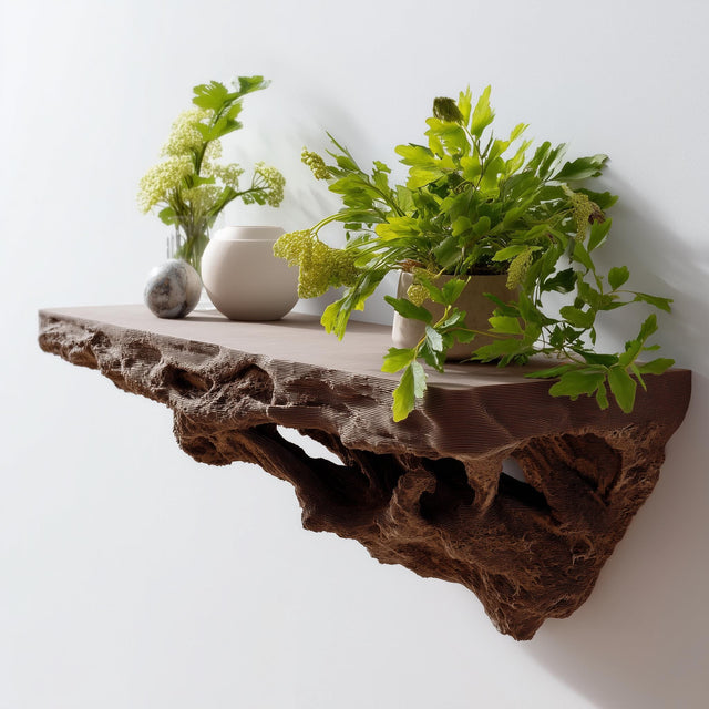 Root inspired floating shelf with potted plants, showcasing organic design and modern rustic decor.