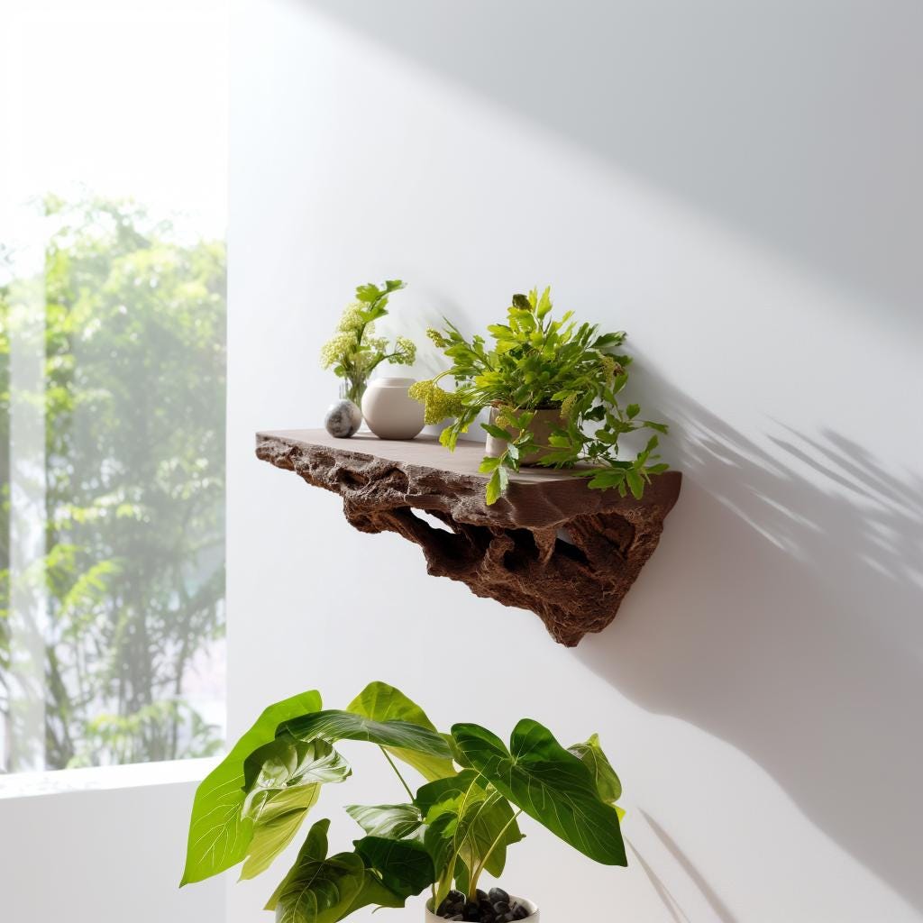 3D printed brown floating shelf with plants, enhancing modern rustic decor and natural vibes in a bright interior.