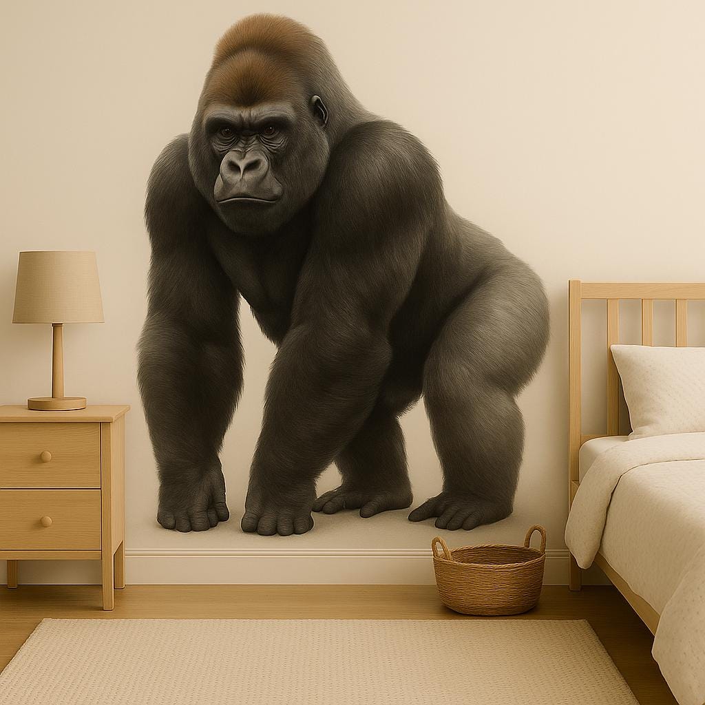 Realistic giant gorilla wall decal in a children’s room, perfect for jungle-themed nursery decor.