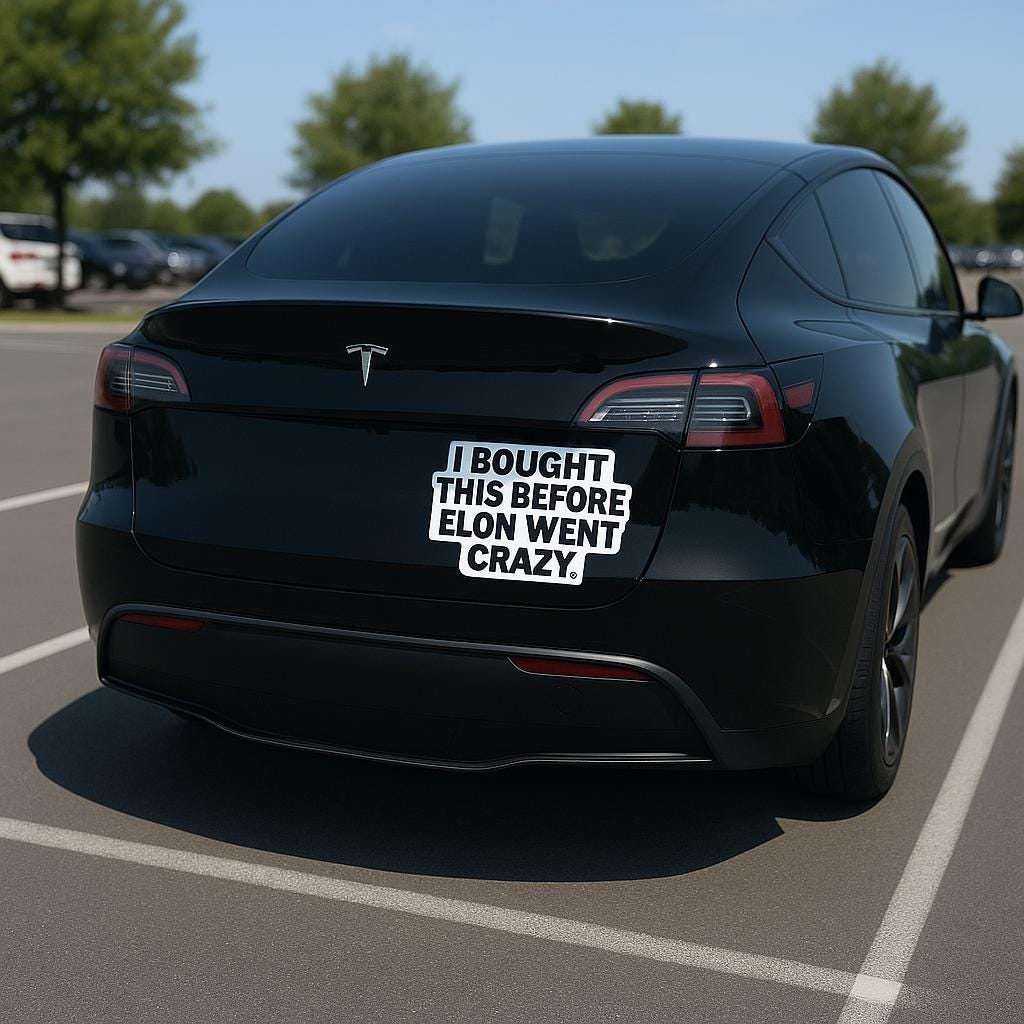 Black Tesla with humorous bumper sticker reading 'I Bought This Before Elon Went Crazy' parked in a lot.