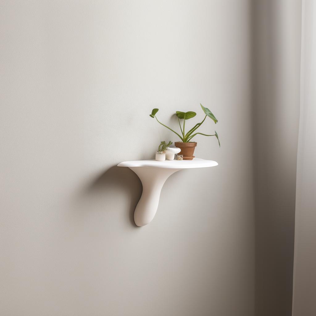 Minimalist white mushroom wall shelf with potted plant, showcasing modern organic decor in a stylish interior.
