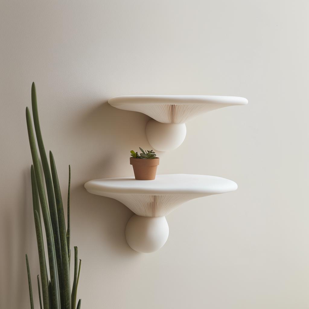 Elegant 3D printed mushroom wall shelves with a potted plant, showcasing minimalist fungi decor.