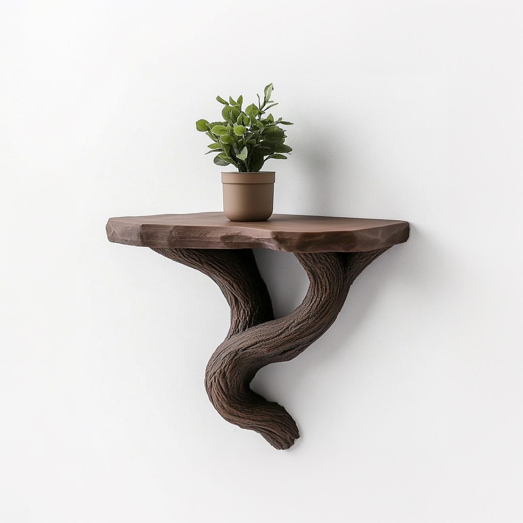 3D printed floating tree shelf with vine design, showcasing a small potted plant for rustic wall decor.