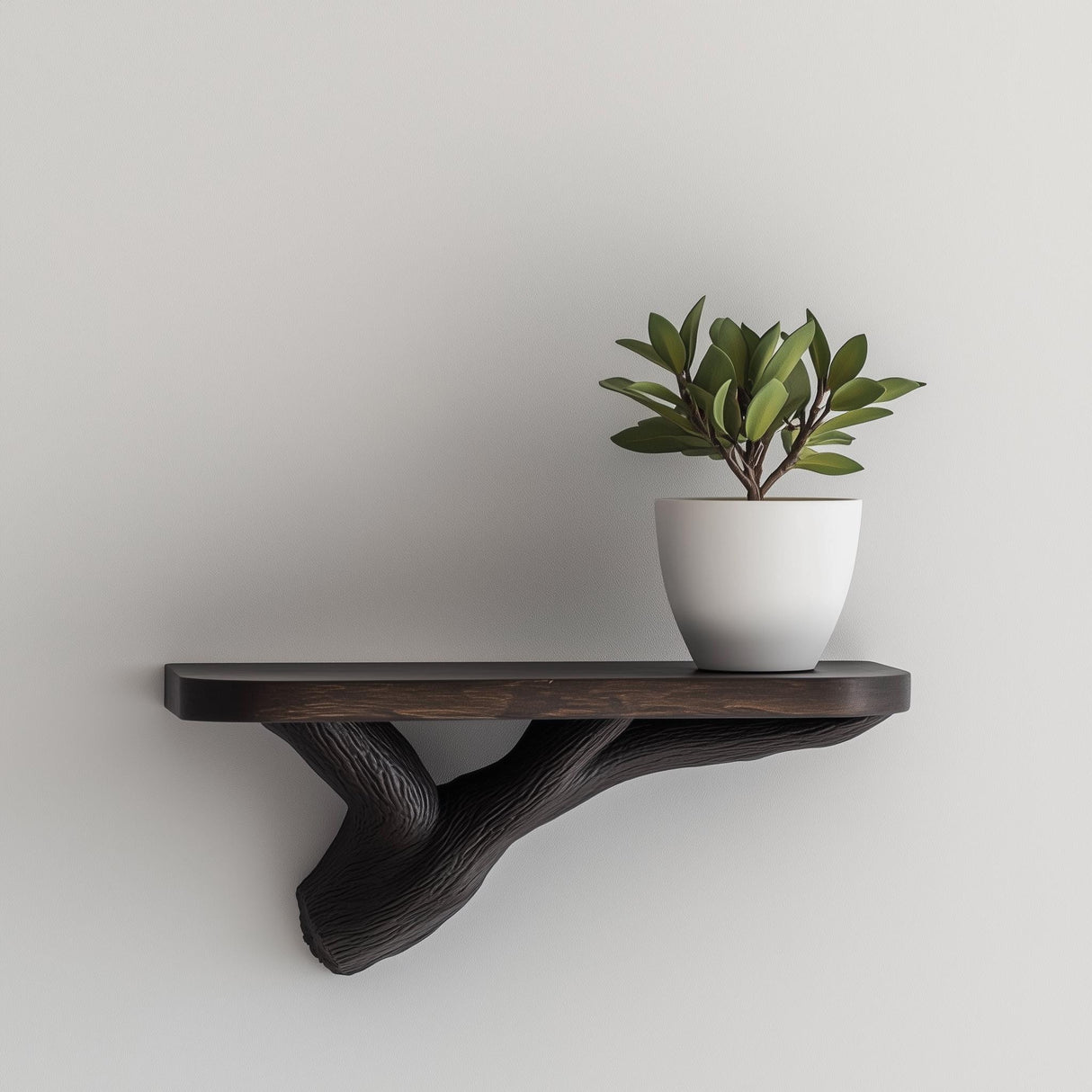Dark wood tree branch floating shelf with a green plant in a white pot, adding natural decor to any wall.