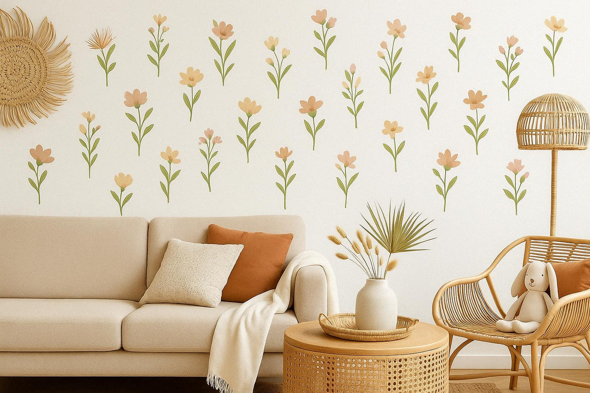 Whimsical flower wall decals in soft earthy tones for a boho nursery decor, enhancing a cozy baby room atmosphere.