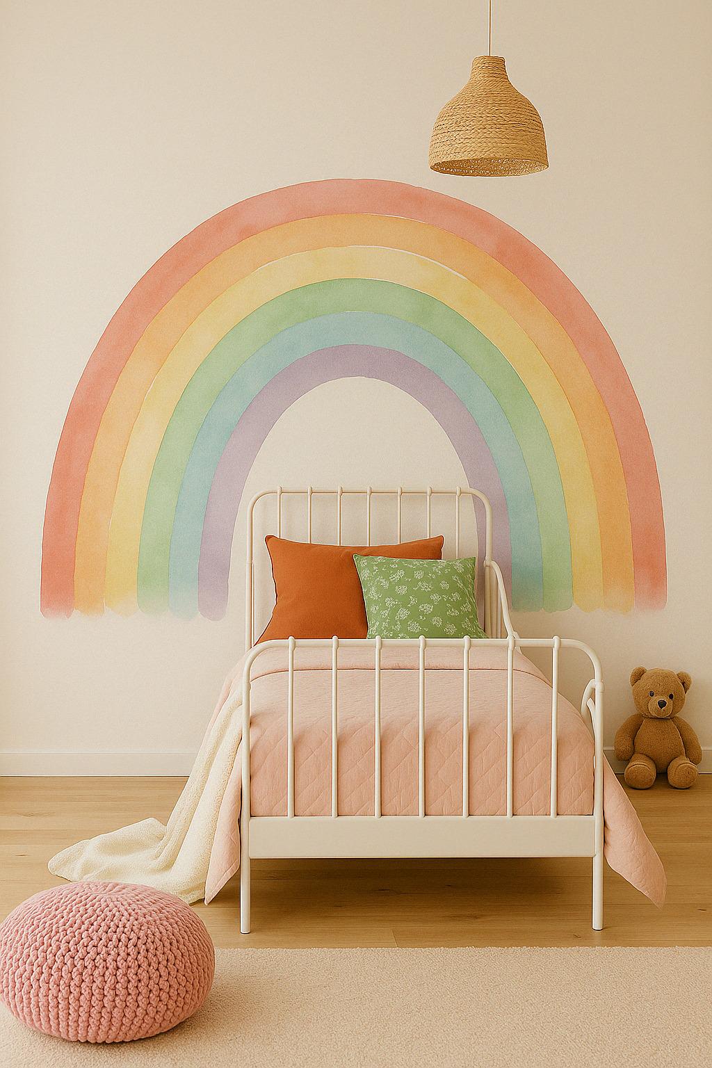 Pastel rainbow wall decal above a bed in a cozy nursery, featuring soft hues and a playful design.
