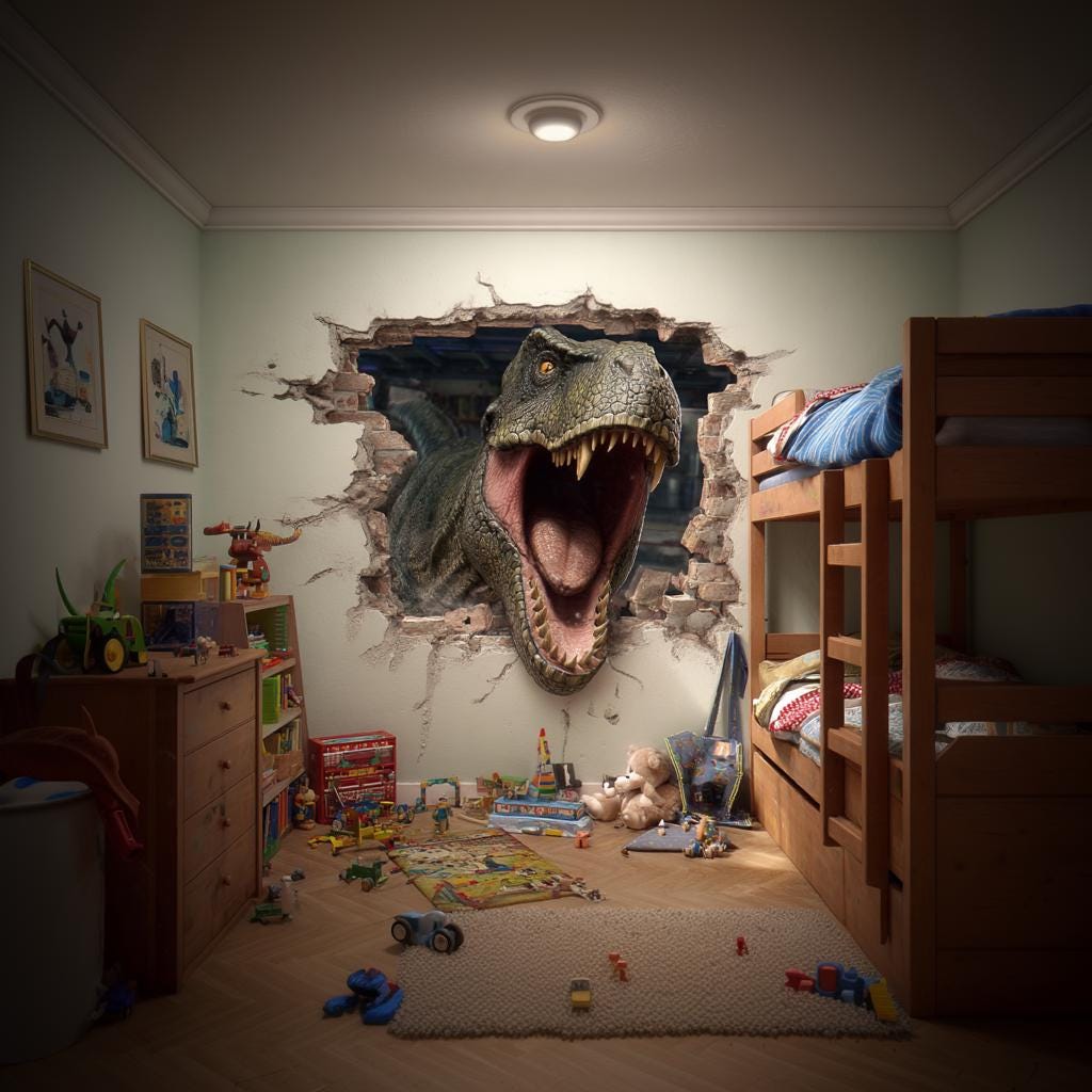 3D T-Rex wall decal in kids room, creating an epic dinosaur adventure with roaring T-Rex bursting through the wall.