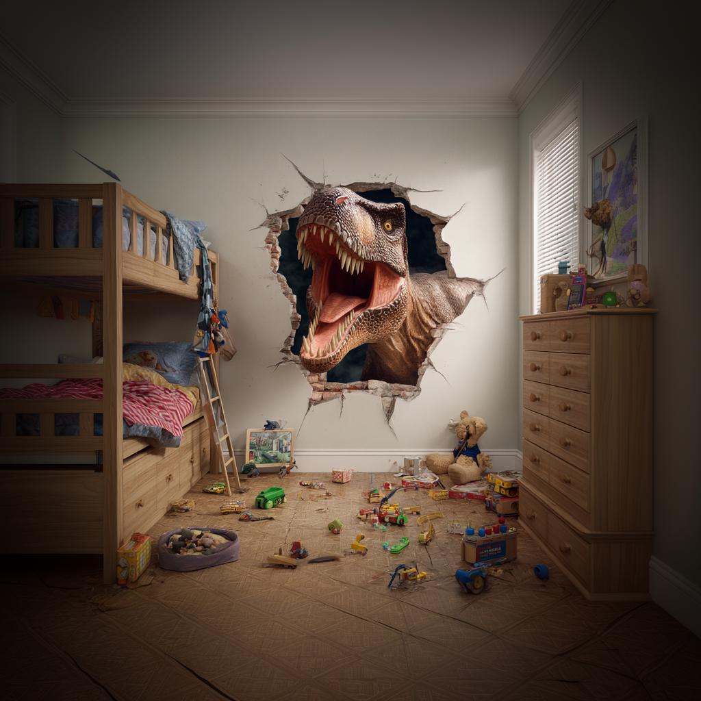 3D T-Rex wall decal in a kids room creating a roaring dinosaur illusion, perfect for dinosaur lovers.