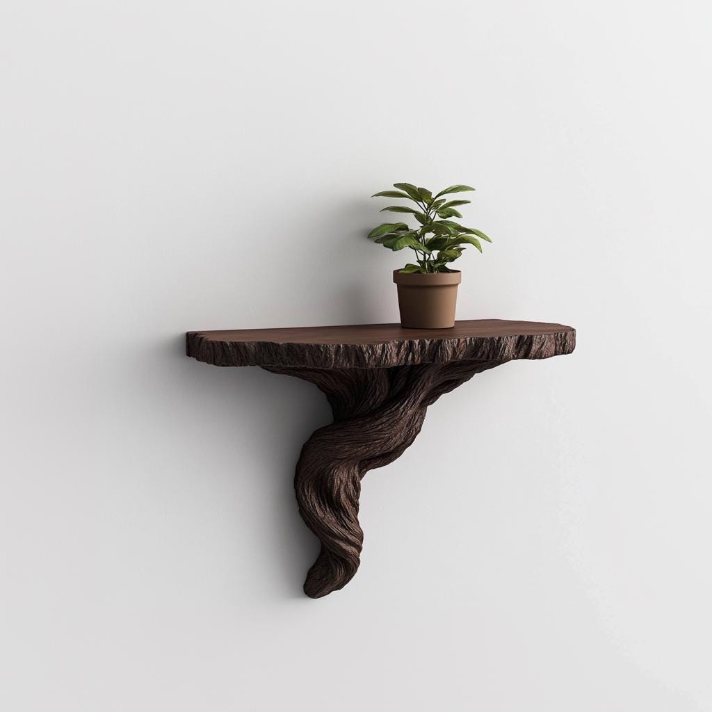 Organic tree root wall shelf with a small plant, adding rustic charm to home decor.