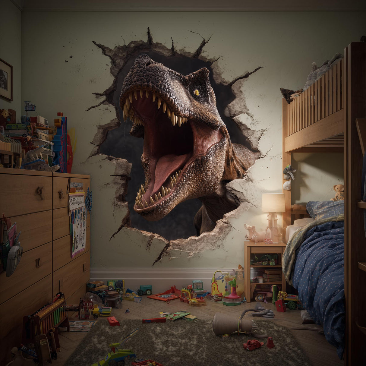 3D T-Rex wall decal breaking through wall in kids room, adding excitement and dinosaur decor for young fans.