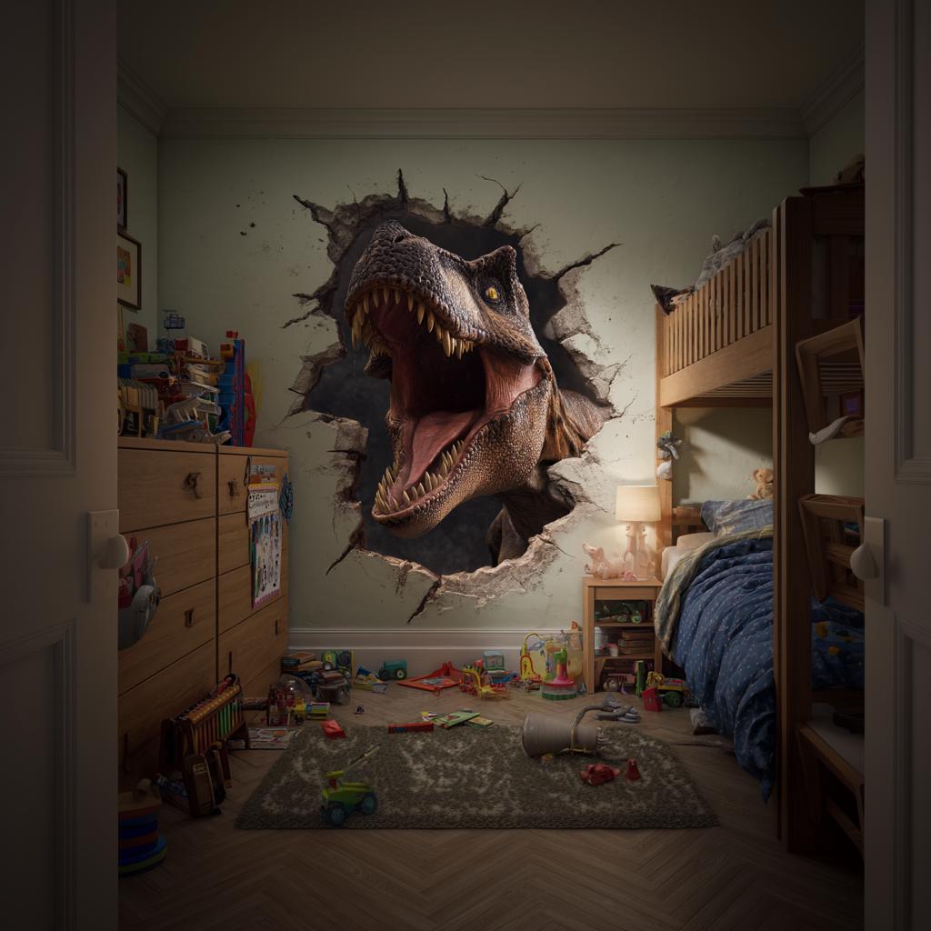 3D T-Rex wall decal in a child's room, creating a realistic dinosaur breaking through the wall for dino decor.