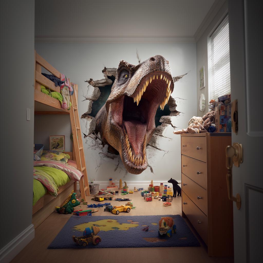 3D T-Rex wall decal bursting through the wall in kids room, vibrant dinosaur decor for boys' bedroom.