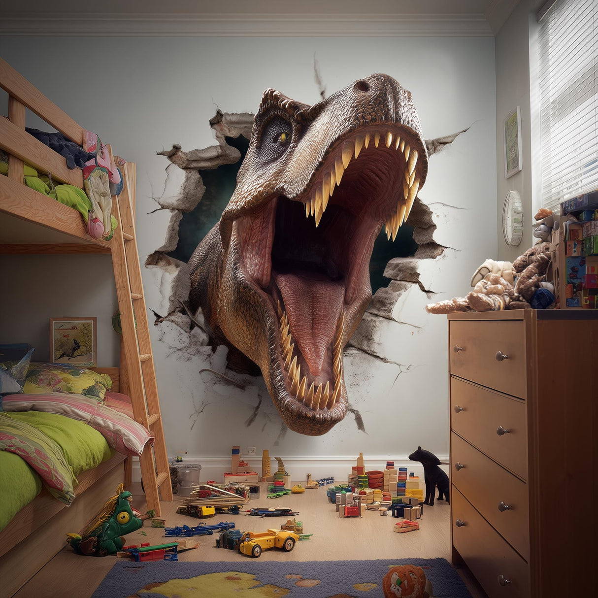 Realistic 3D T-Rex wall decal bursting through kids room wall, perfect for dinosaur-themed decor.