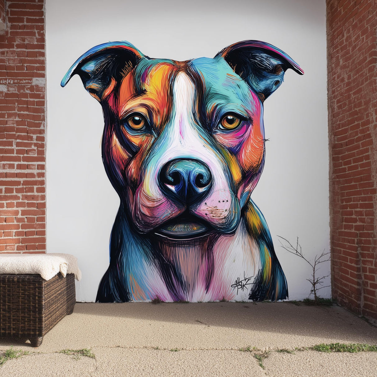 Colorful pit bull wall decal featuring a vibrant, hand-painted dog face design on a brick wall.
