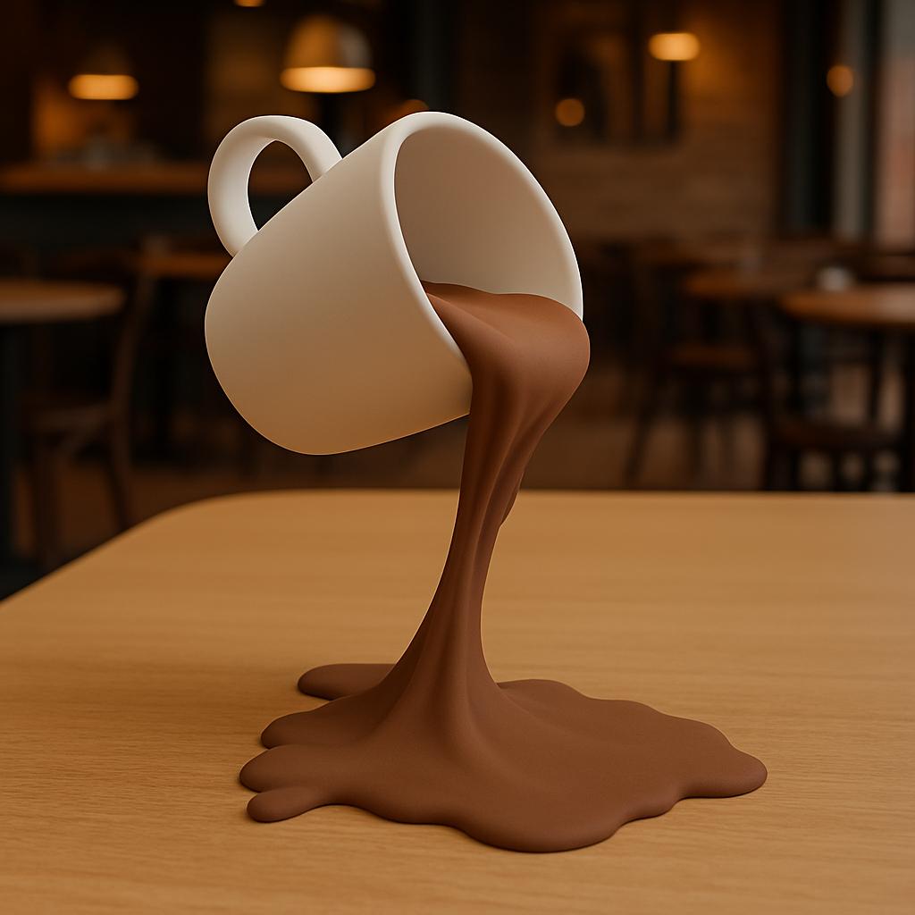 Floating Spilling Coffee Cup | 3D Printed Optical Illusion Sculpture Coffee Lover Kitchen Decor | Funny Desk Accessory Barista Gift Cafe
