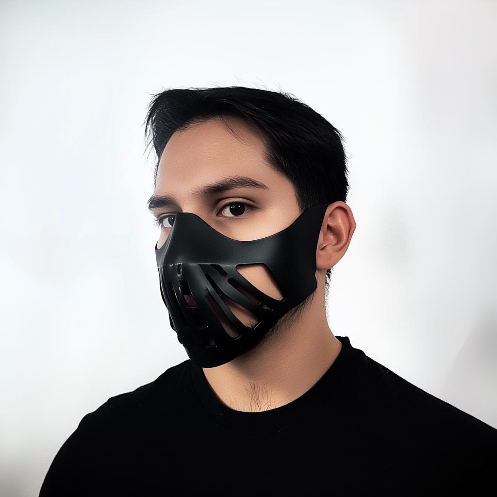 Futuristic black 3D printed warrior mask on a man, ideal for cosplay, LARP, and Halloween.