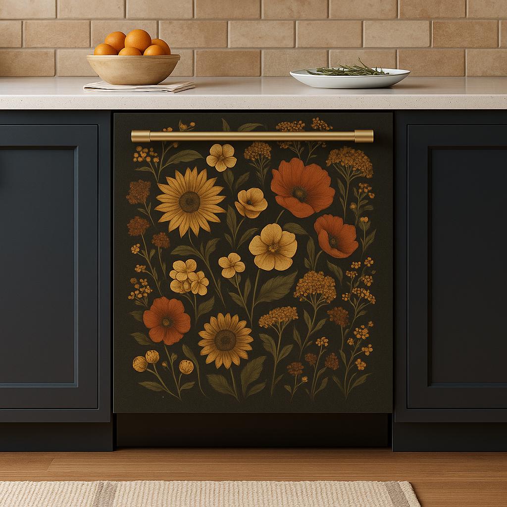 Vintage floral dishwasher cover featuring sunflowers and poppies on a black background, enhancing kitchen decor.