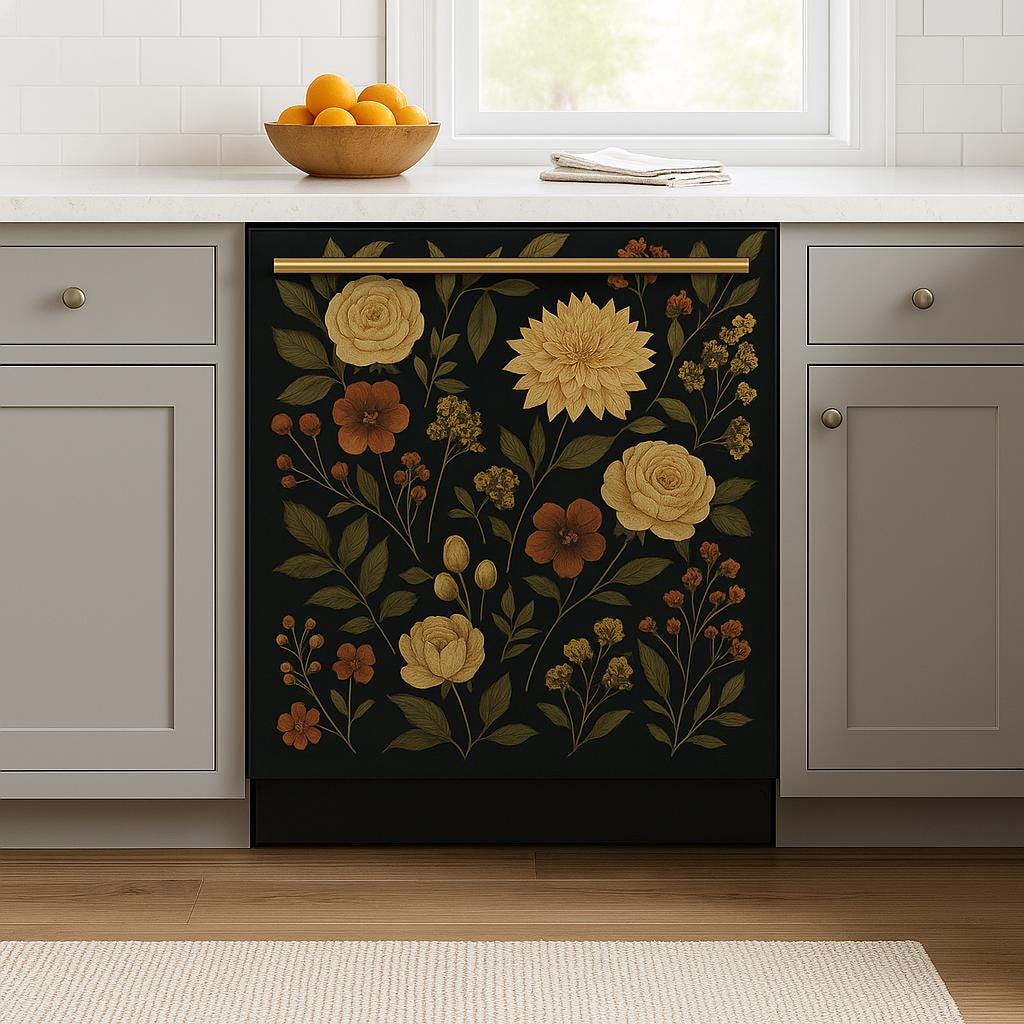 Dark floral dishwasher cover featuring yellow roses and orange wildflowers in a cozy boho kitchen setting.