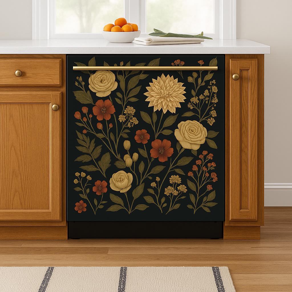 Dark floral dishwasher cover featuring yellow roses and wildflowers, perfect for boho kitchen decor.
