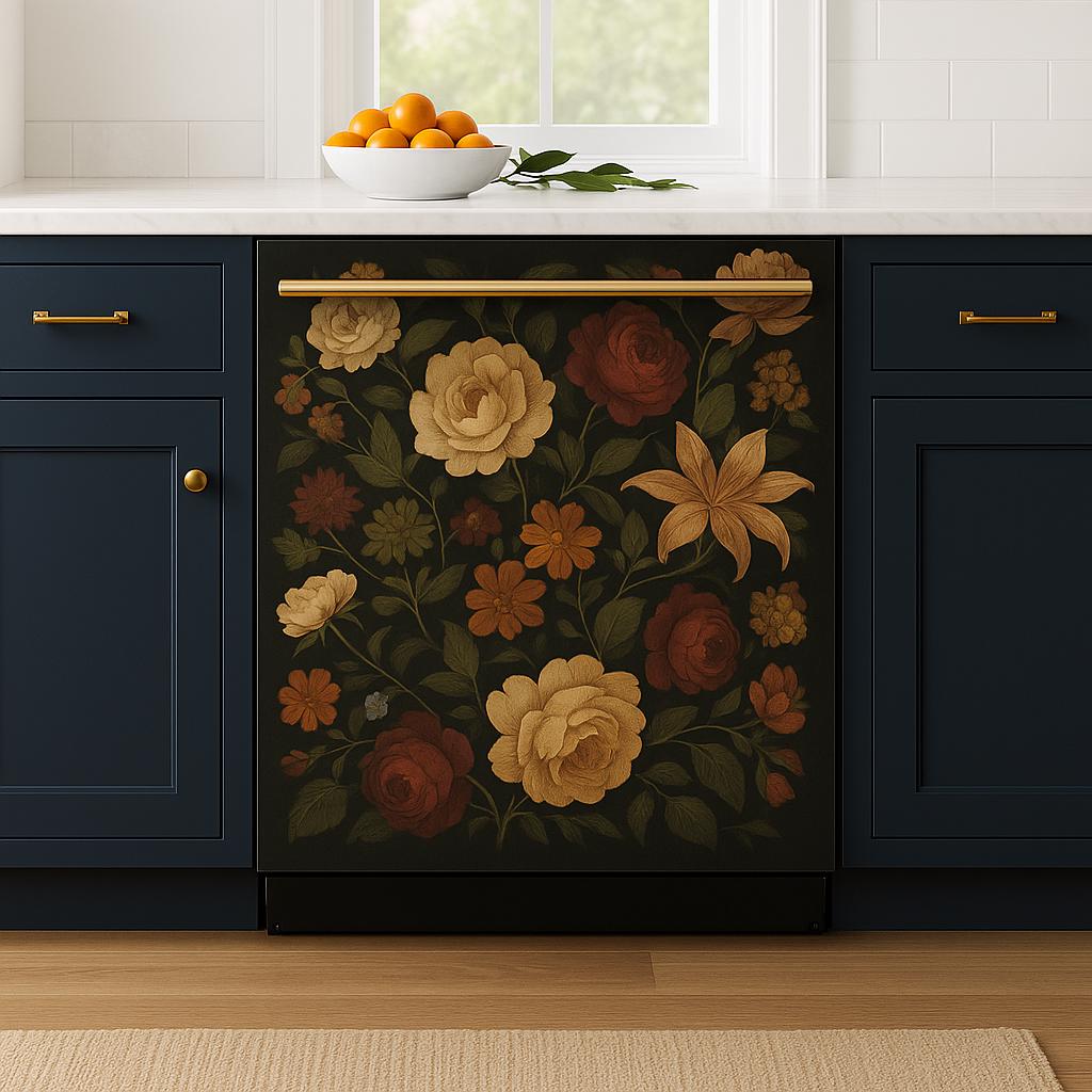 Vintage rose dishwasher cover decor featuring floral arrangement in shades of gold, red, and orange against a dark background.