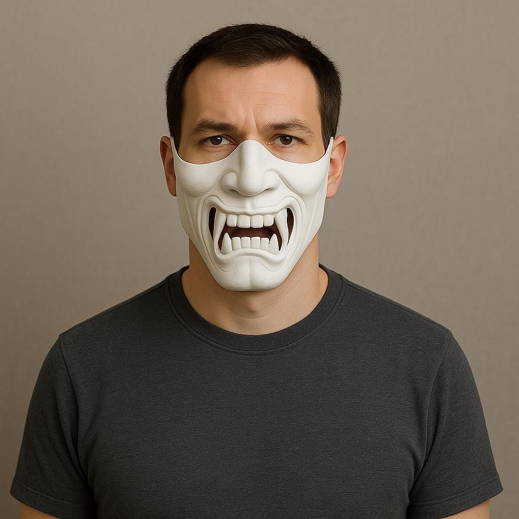 White Oni Half Face Mask worn by a man, showcasing a fierce demon samurai design, perfect for cosplay and Halloween.