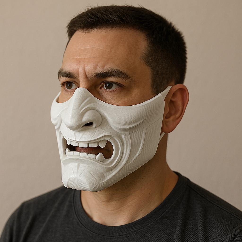 3D printed Oni half mask displayed on a model, ideal for cosplay and Halloween, showcasing detailed design and fierce expression.