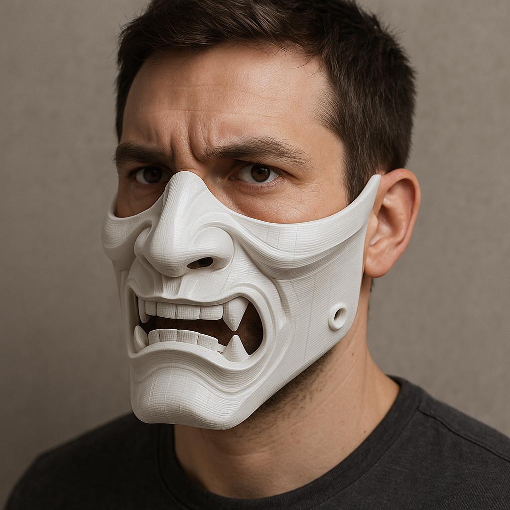 White Oni samurai mask on a model's face, showcasing a fierce expression, perfect for cosplay and Halloween.