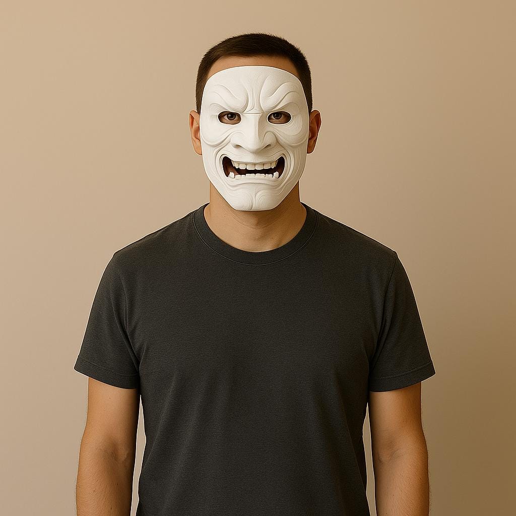 Full Oni Samurai Mask worn by a model, showcasing a fierce white demon face design, ideal for cosplay and Halloween.