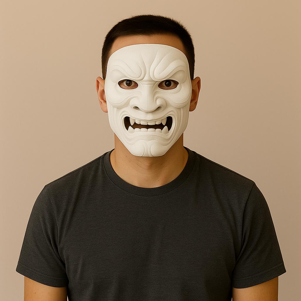 Full Oni Samurai Mask worn by a model, showcasing a white 3D printed demon mask, perfect for cosplay and Halloween.