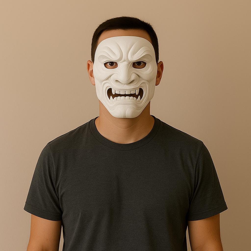 Full Oni Samurai Mask worn by a model, showcasing fierce white demon design for cosplay and Halloween.