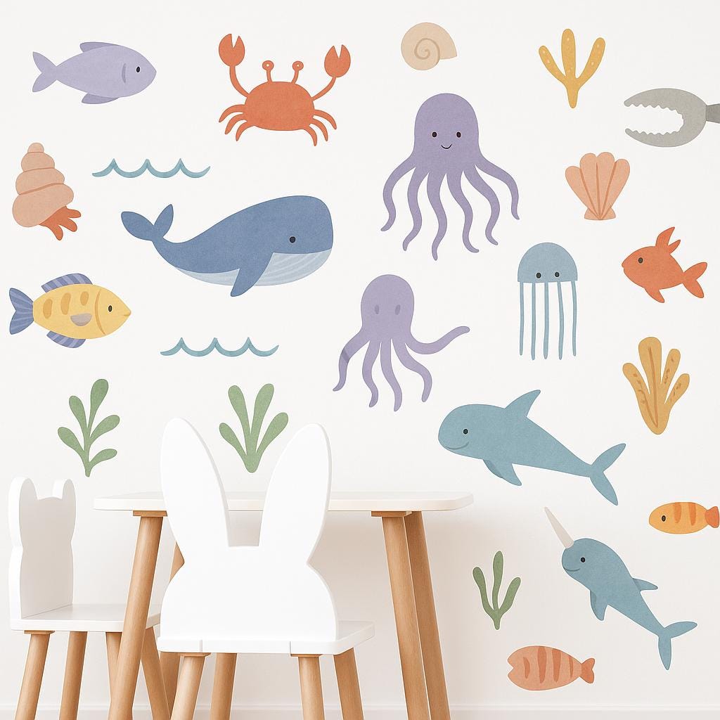 Colorful ocean animal wall decals on nursery wall, featuring fish, whales, and jellyfish, perfect for kids' decor.