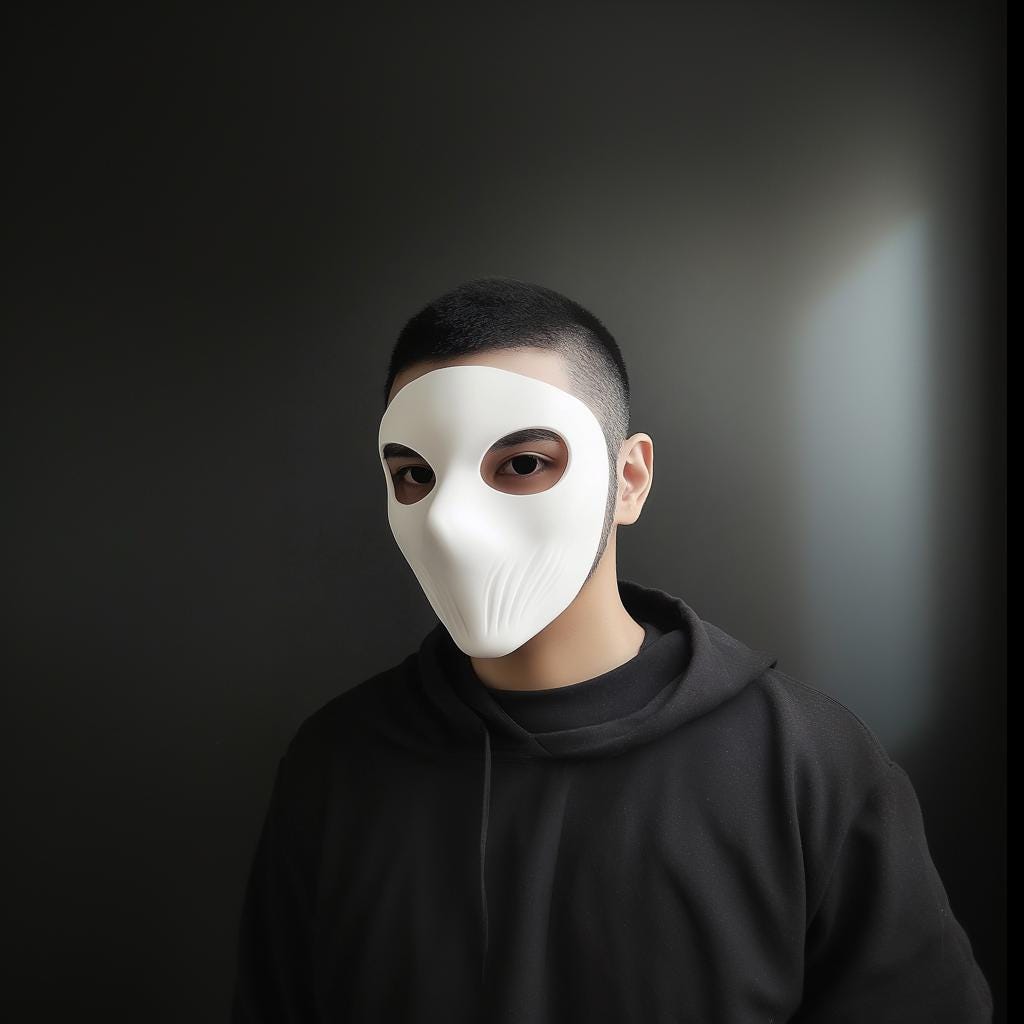 Man wearing a white matte 3D printed full face mask, showcasing a minimalist design, perfect for cosplay or Halloween.