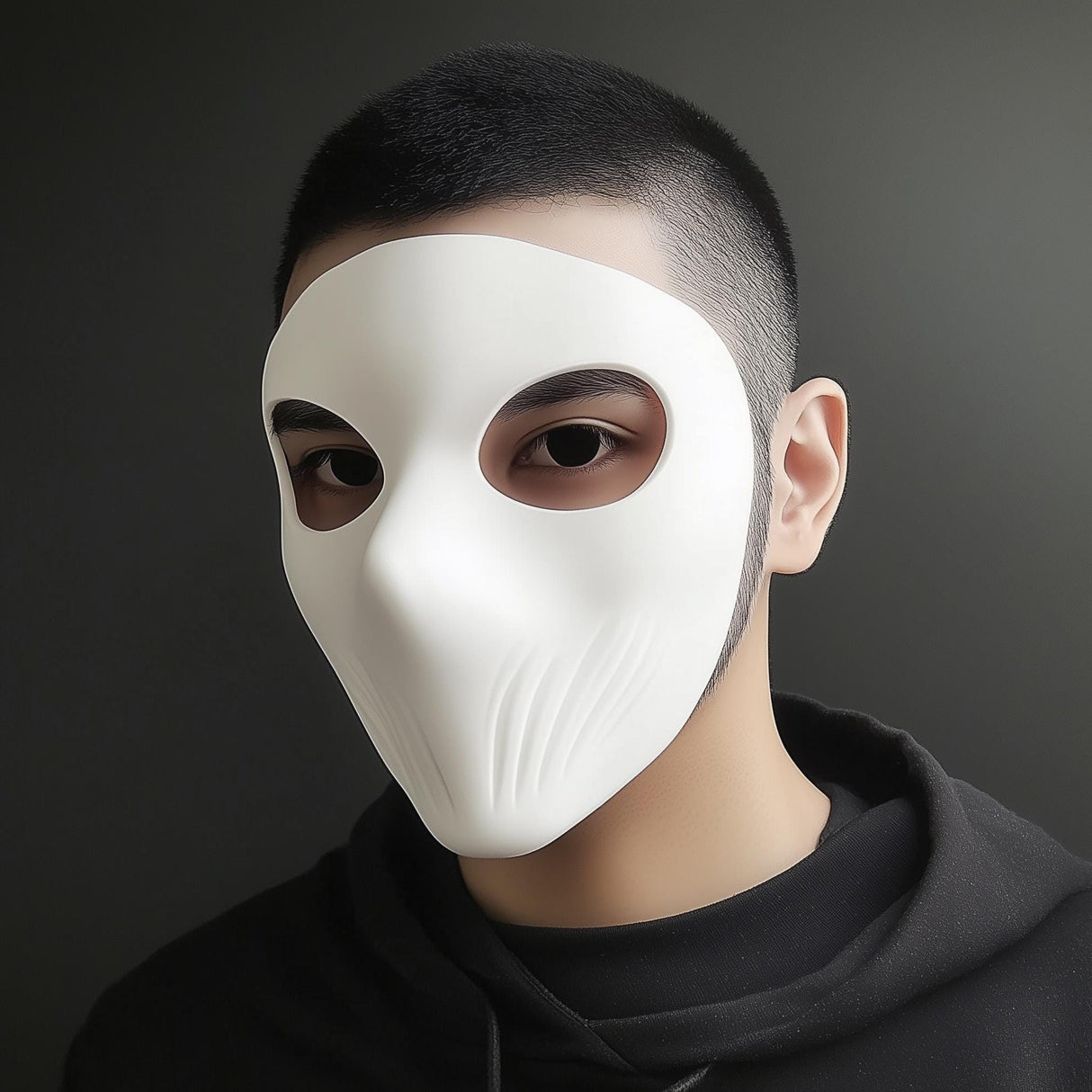 White matte full face mask worn by a person with short hair, showcasing curved contours and clean eye openings.