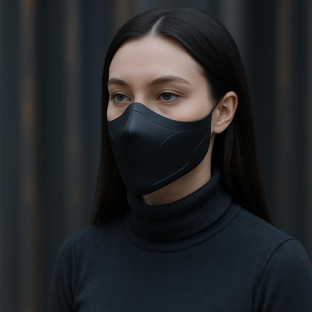 Matte black half-face mask worn by a model, showcasing sleek design ideal for cosplay and futuristic aesthetics.