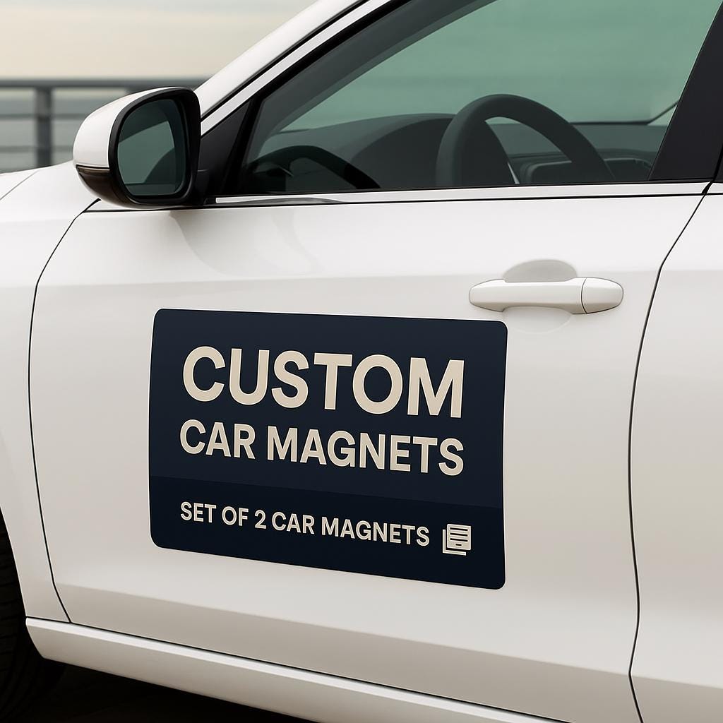Custom car magnets displayed on a vehicle door, promoting business branding with a sleek design.