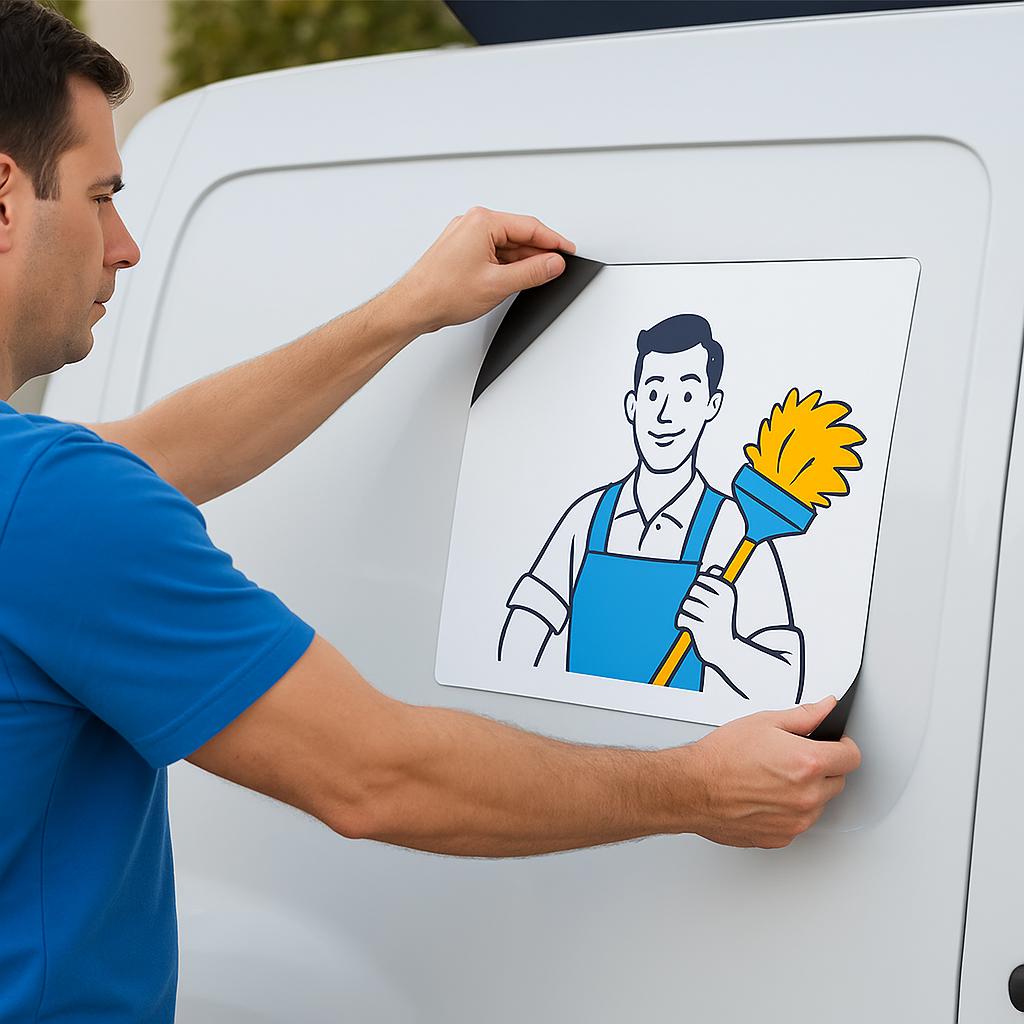 Person applying a custom car magnet featuring a cleaner graphic on a vehicle's side.