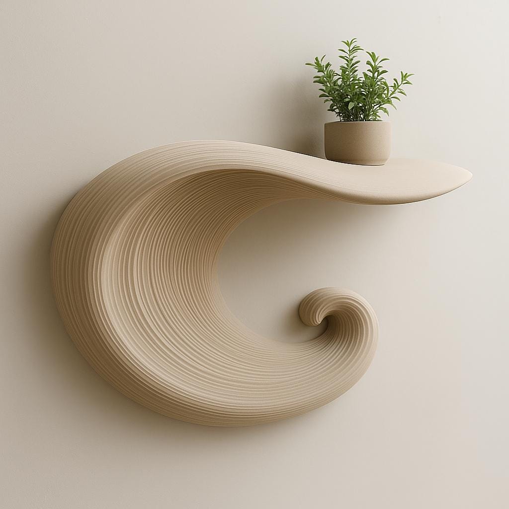 Wave-inspired 3D printed floating shelf with a neutral tone and small potted plant, perfect for minimalist decor.