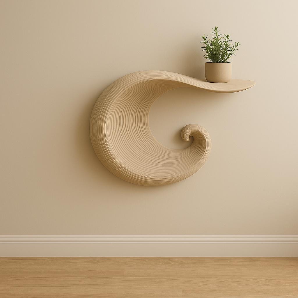 Wave-inspired 3D printed floating shelf with plant, showcasing minimalist wall art and sculptural design.