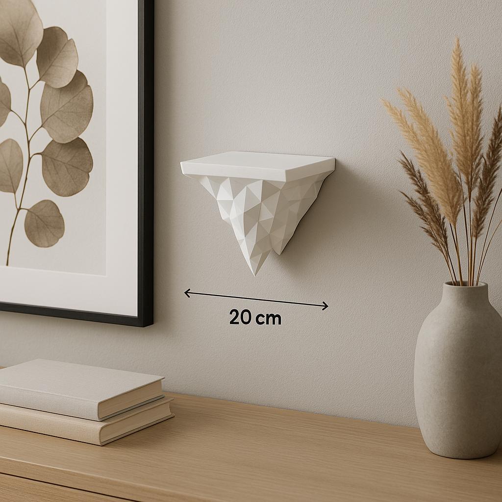 Geometric 3D printed wall shelf in white, resembling an iceberg. Perfect for modern decor and small item display.