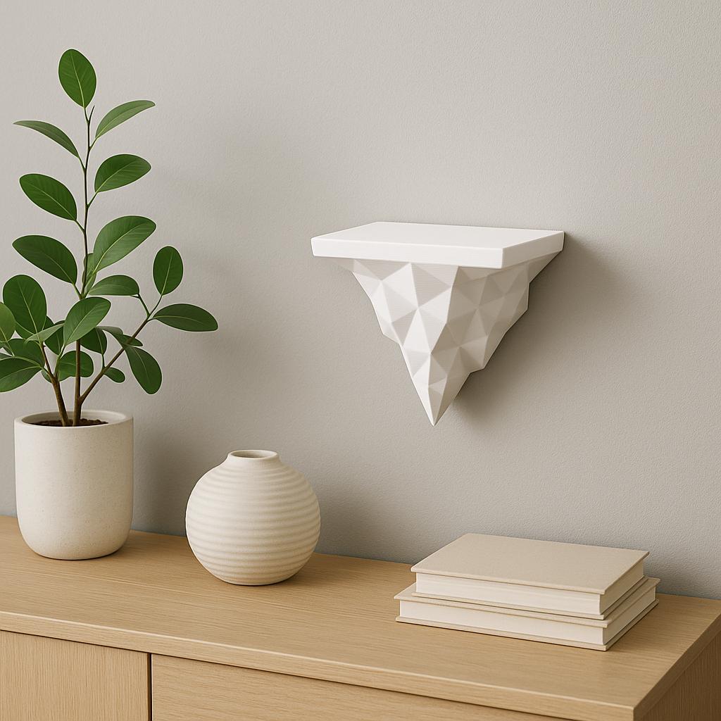 Modern geometric 3D printed wall shelf in a minimalist setting, resembling an iceberg with decorative plants.