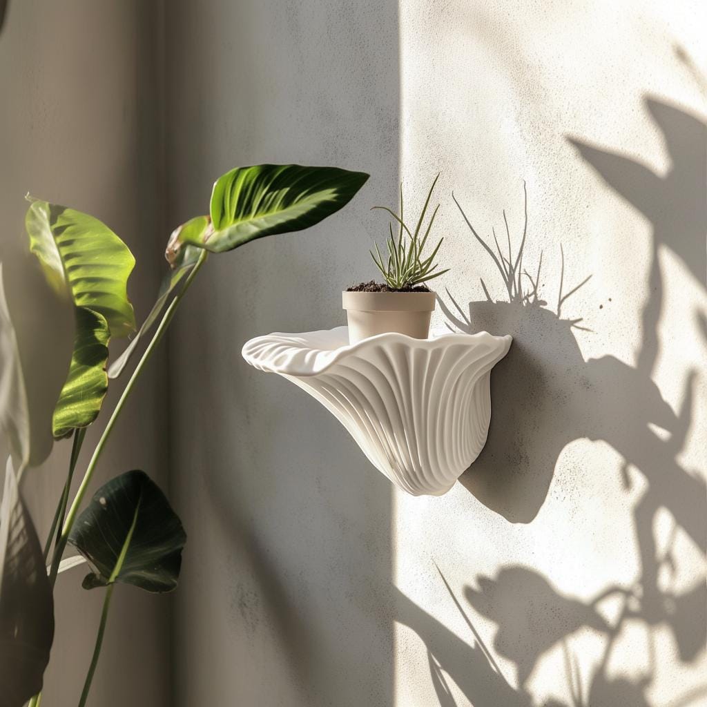 3D printed mushroom wall shelf with potted plant, perfect for modern organic decor and minimalist home styling.